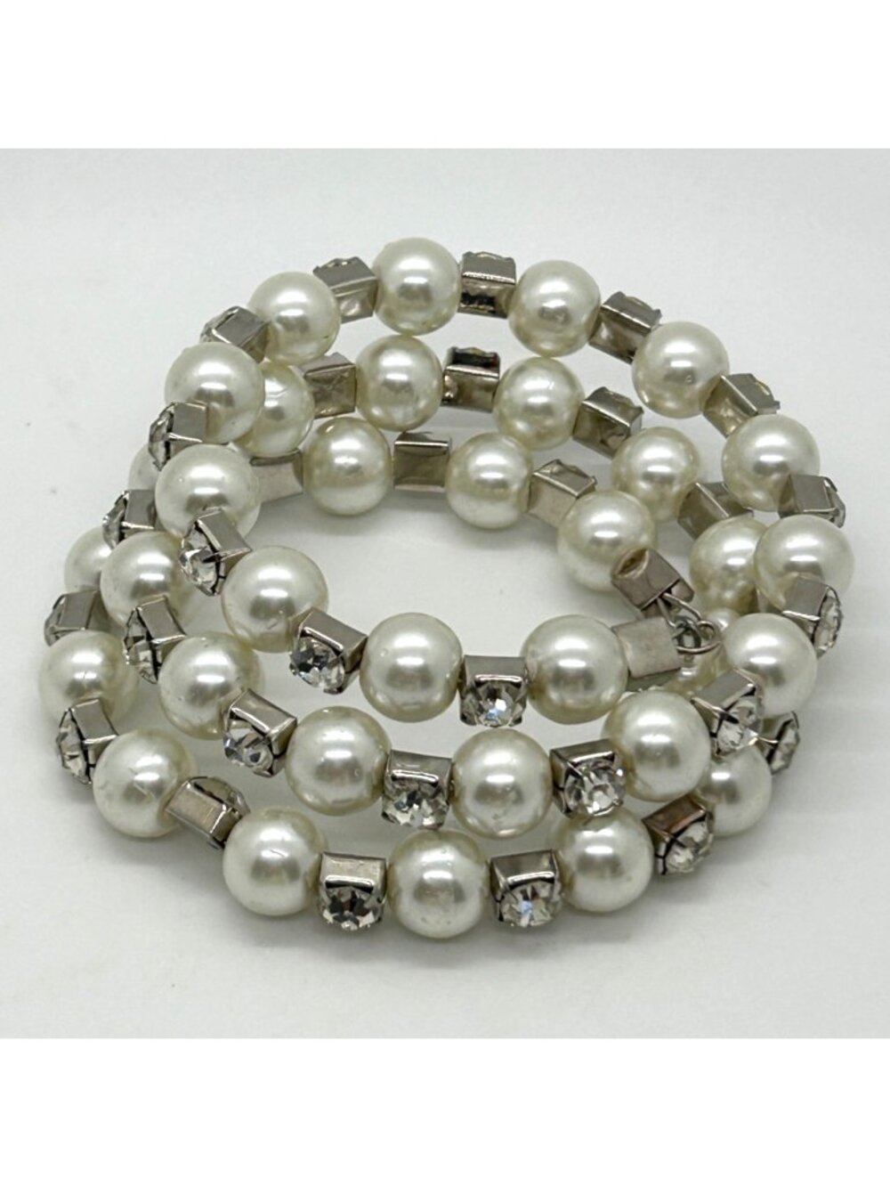 Vintage Faux Pearl Rhinestone Multi-Strand Wrap Bracelet Bridal Wedding Jewelry